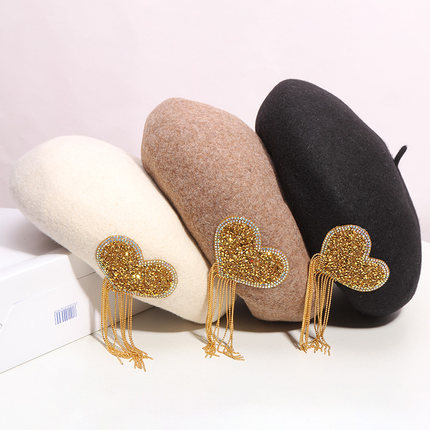 Custom Classy Rhinestone Bling Hat Women Love Pattern Diamond Tassel Wool Berets Caps