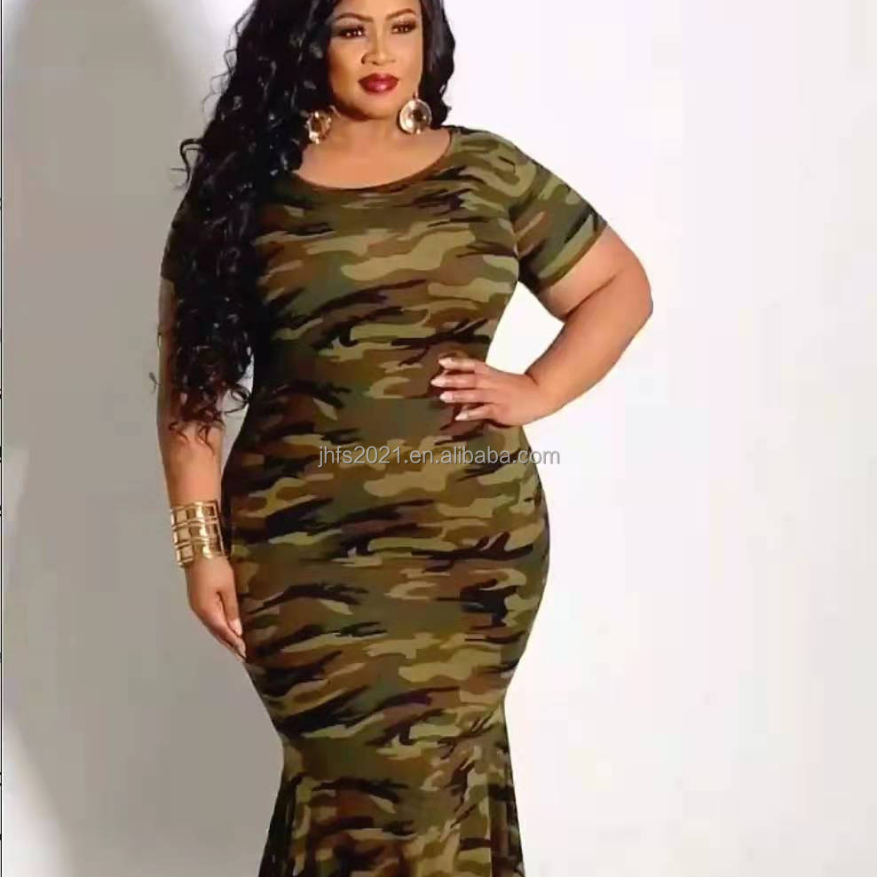 J&H Fashion Plus Size Clothing Camouflage Print Shortsleeve Round Neck Sexy Dress Full Length Mermaid Pleated Skirt Casual Wear