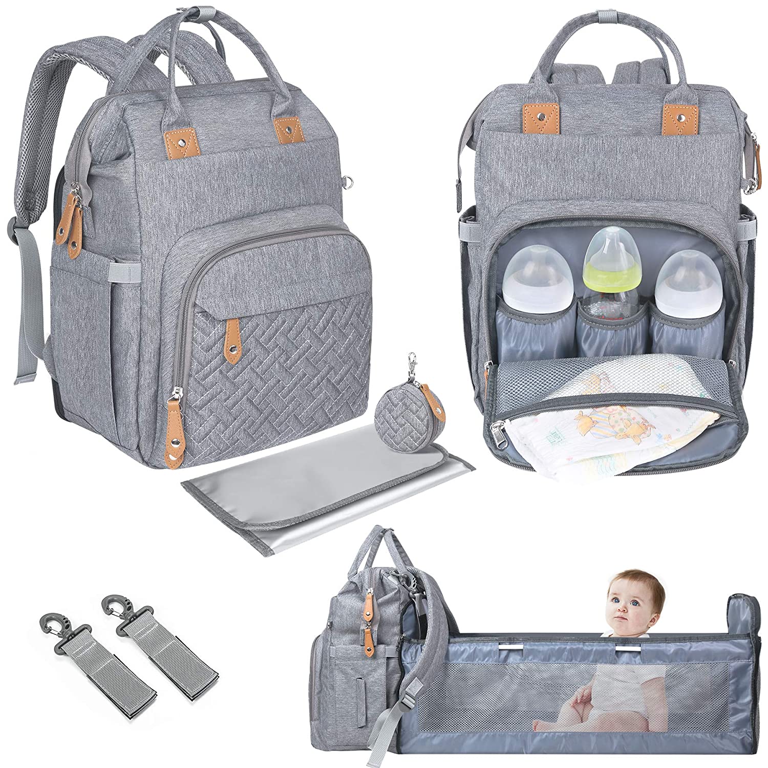 Customized Waterproof Maternity Nylon Mummy Baby Backpack Foldable Bed Diaper Bag With Changing Station