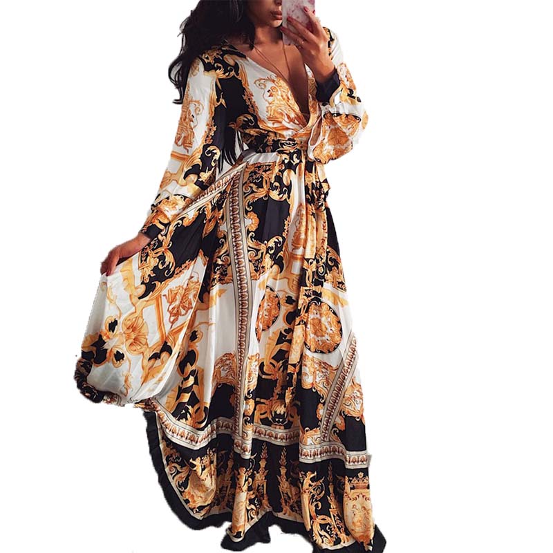 2020 new casual ladies long sleeve print dresses women fashion vintage maxi dress