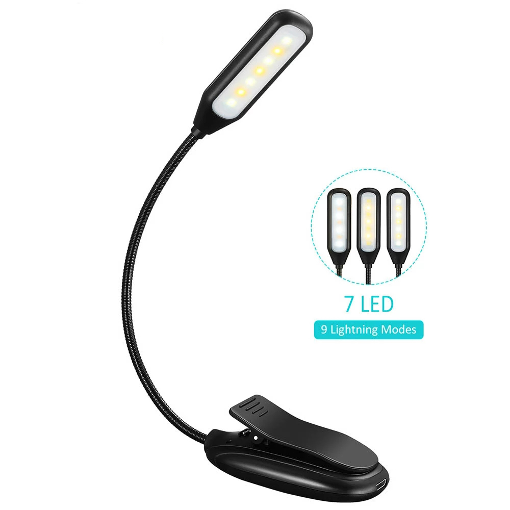 7 LED Rechargeable Reading Lamp With 3 Level Brightness, Clip Book Light