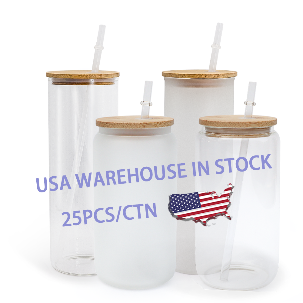 Лидер продаж на Amazon, склад в США, матовая прозрачная пивная банка объемом 12 унций, 16 унций, сублимационная стеклянная банка для пива с бамбуковой крышкой и соломинкой