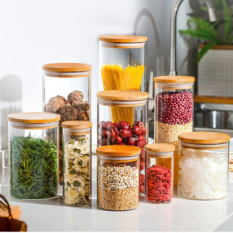 Glass Food Storage Containers ,Airtight Food Jars with Bamboo Wooden Lids
