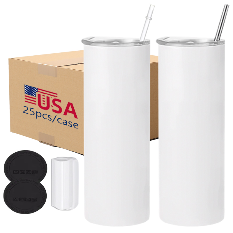 USA free shipping 12oz 15oz 20oz 30oz Wholesale Stainless Steel Straight Tumbler White Sublimation Blanks with plastic straw