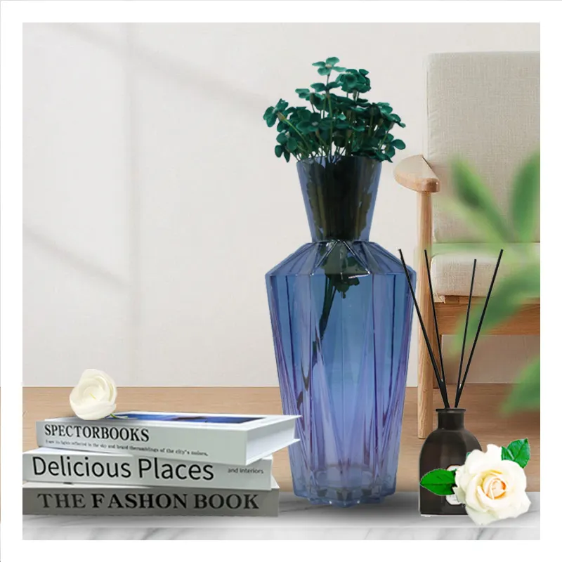 Amazon Hot Sale Fashion Wholesale High Quality Fashion Mouth Blown 100% Handmade Blue Glass Ikebana Vase