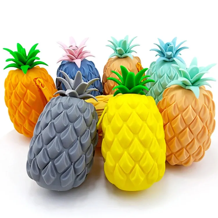 Cheap Silicone Rubber Girls Mini Wallet 3D Cute Pineapple Zipper Change Coin Purse