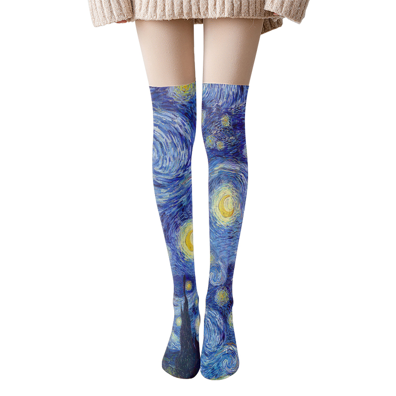 Custom Printed Oil Painting Style Long Stockings Thigh High Stockings For Women Over Knee Sexy Thin Stockings Wholesale