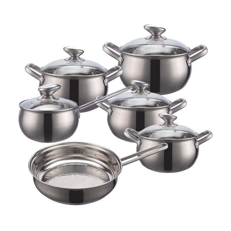 Stainless Steel 12 Piece Set 16/18/24 Double Bottom Pearl Silver Cooking Pot Set Cookware Set With Toughened Glass