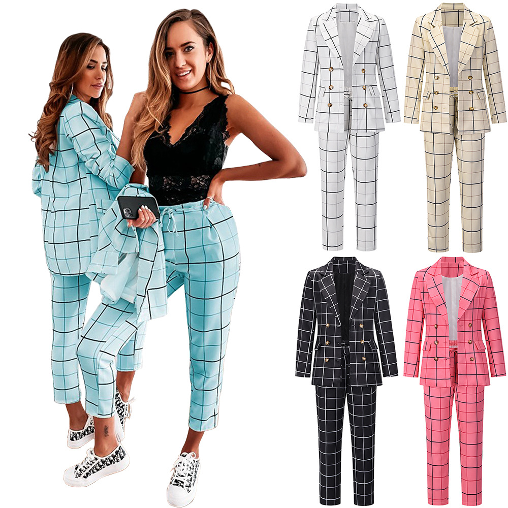2021 New arket femenin Casual peter pan collar Double breasted ladies jackets blazers plaid suits womens pant sweatshirt suits
