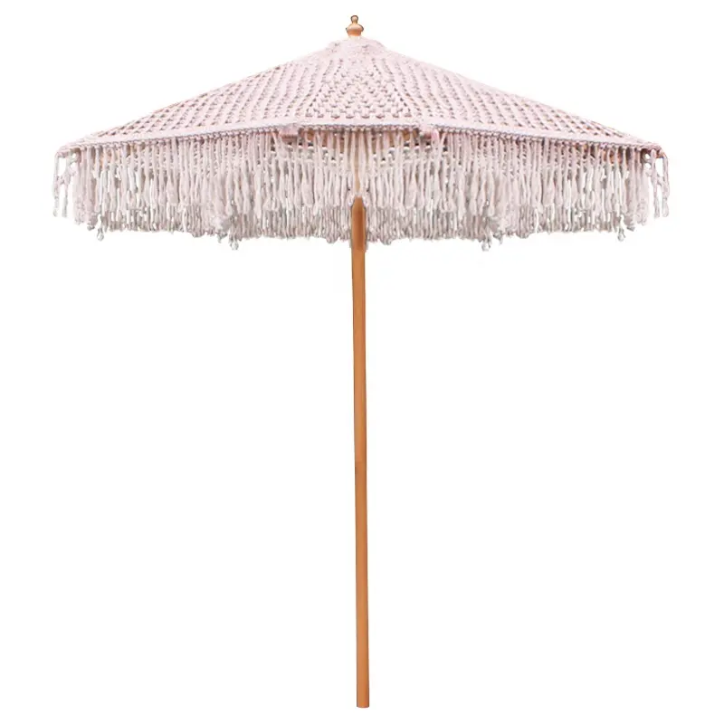 Fantastic Luxury crochet patio wooden umbrella handmade cotton tassels 2.5M parasol macrame ropes open umbrella with fringe