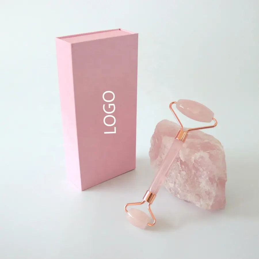 natural pink rose quartz roller jade stone facial massage roller gua sha set for face