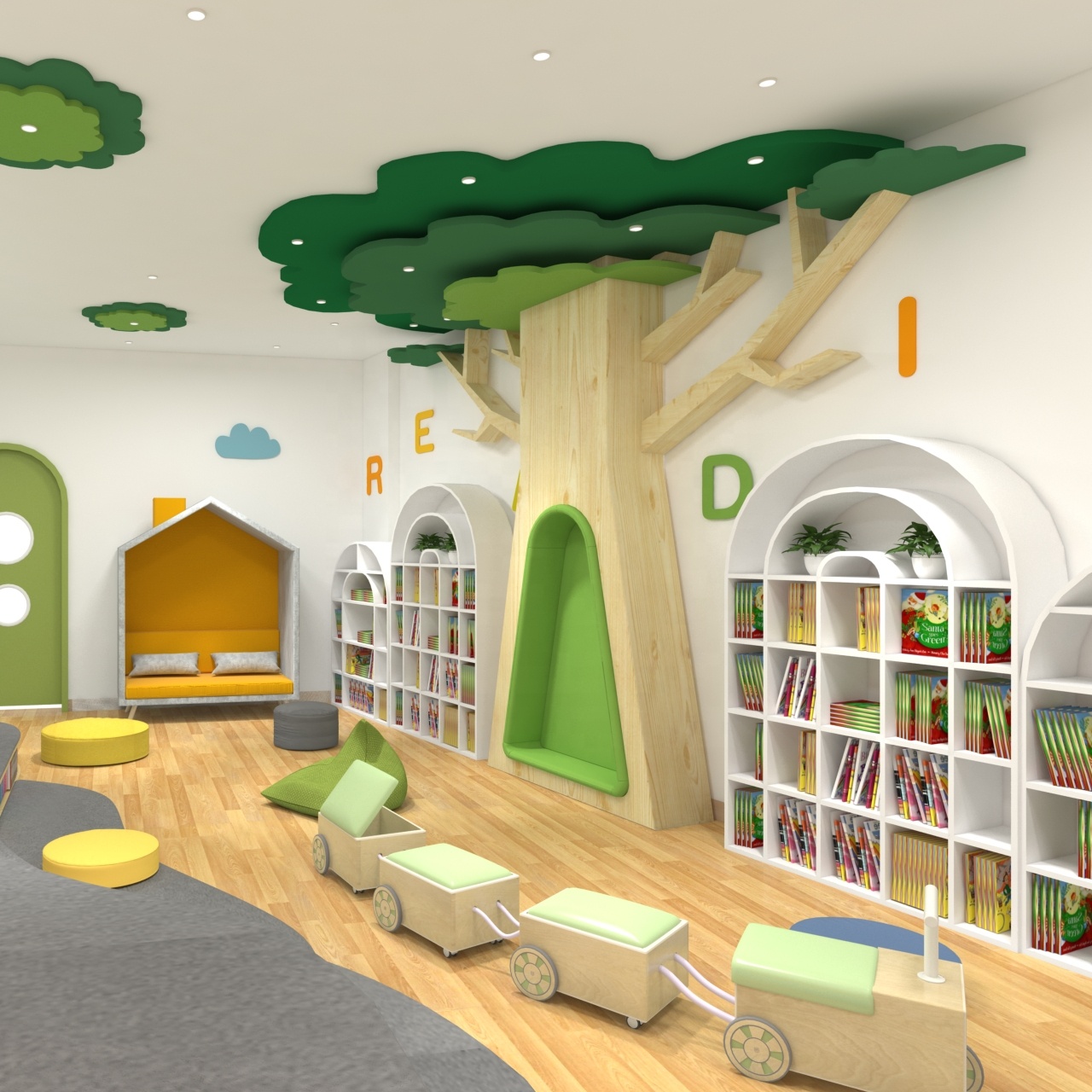 Pre school furniture set kids library room bookshelf furniture setup and modern designs for international school