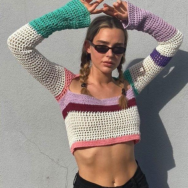 Aesthetic Knitted Crop Top Patchwork Long Sleeve Hollow Out Tee Autumn Spring Vintage Women Sexy T-shirt Beach Streetwear