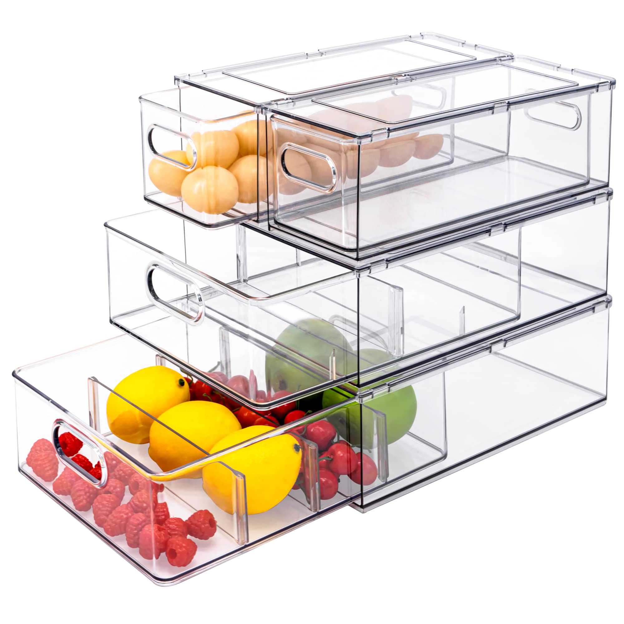 Clear Food Container Stackable Fridge Organizer Drawer Pull Out Bins With Handles