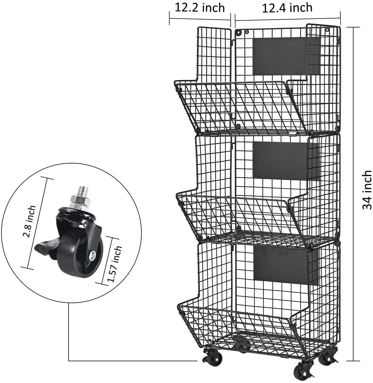 3-Tier Hanging Wire Baskets with Wheel and Adjustable Chalkboards, Metal Wall-Mounted Storage and Organization for Kitchen