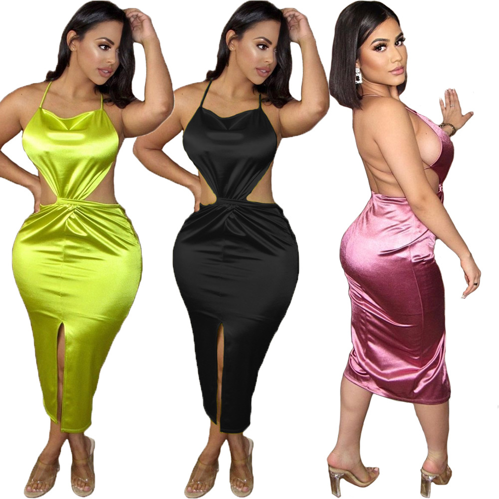 Satin Halter Lace Up Dresses Women Summer Bodycon Sleeveless Midi Dress Split Backless Sexy Women Club Dresses
