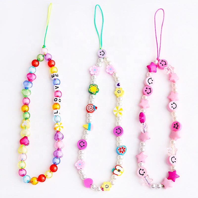HANDMADE Colorful Cute Smiley Face Fruit Pearl Clay Beads Phone Charm Strap, Lanyard Wrist Strap Phone Chain