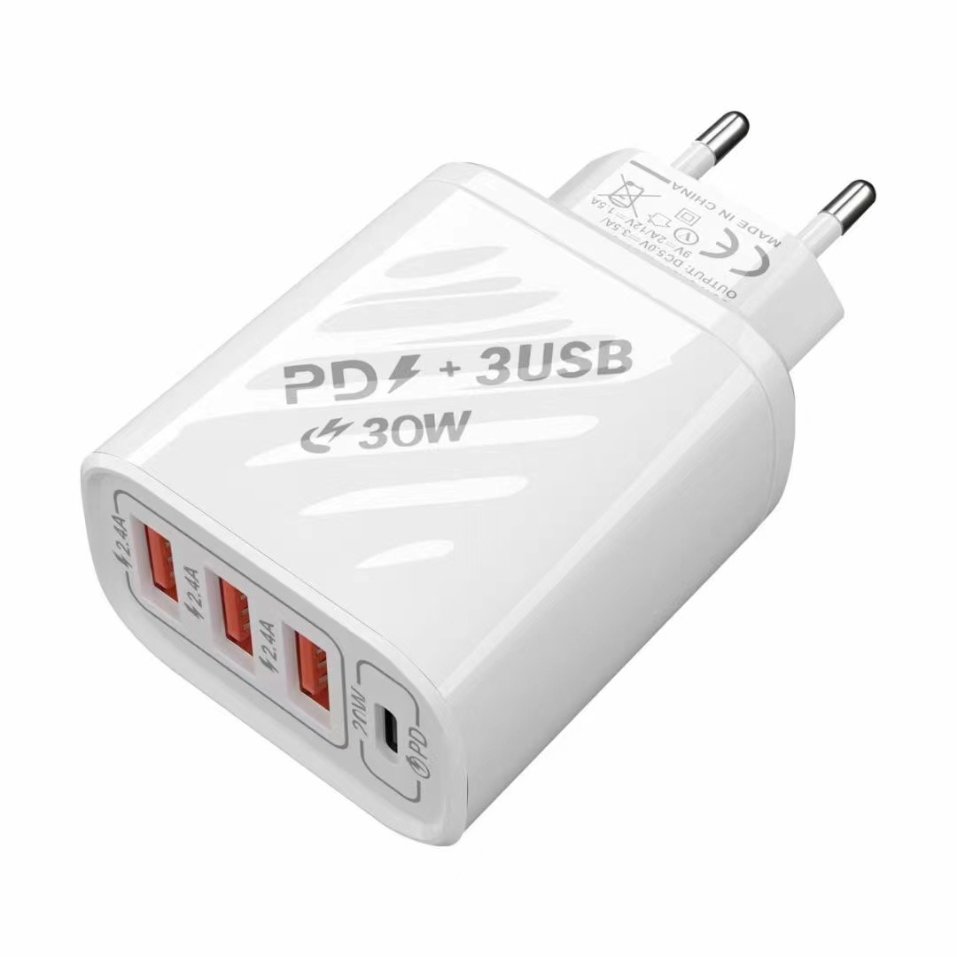 3USB+PD Twill Quick Charger 2.4A Multifunctional 30w Household Charging Head High Power Type-C Power Adapter European Standard
