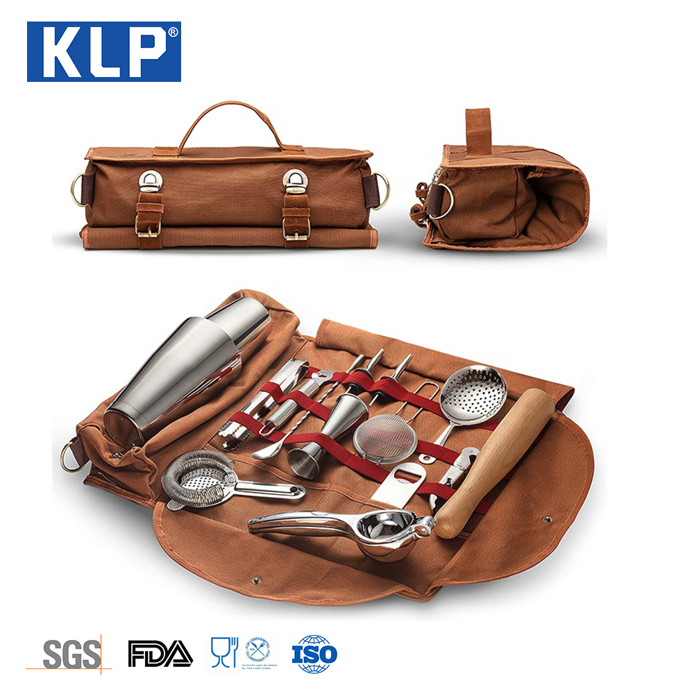 KLP bartender kit bag brown canvas professional bar kit mixing travel bartender tool bag