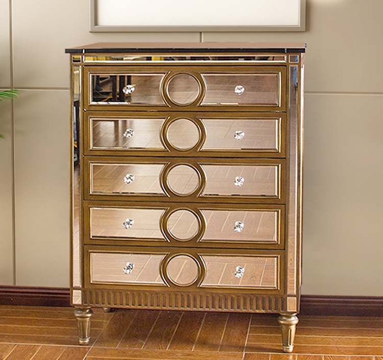 Champagne Modern Furniture small 5 Drawers Mirrored glass front storage cabinet Storage Cabinet