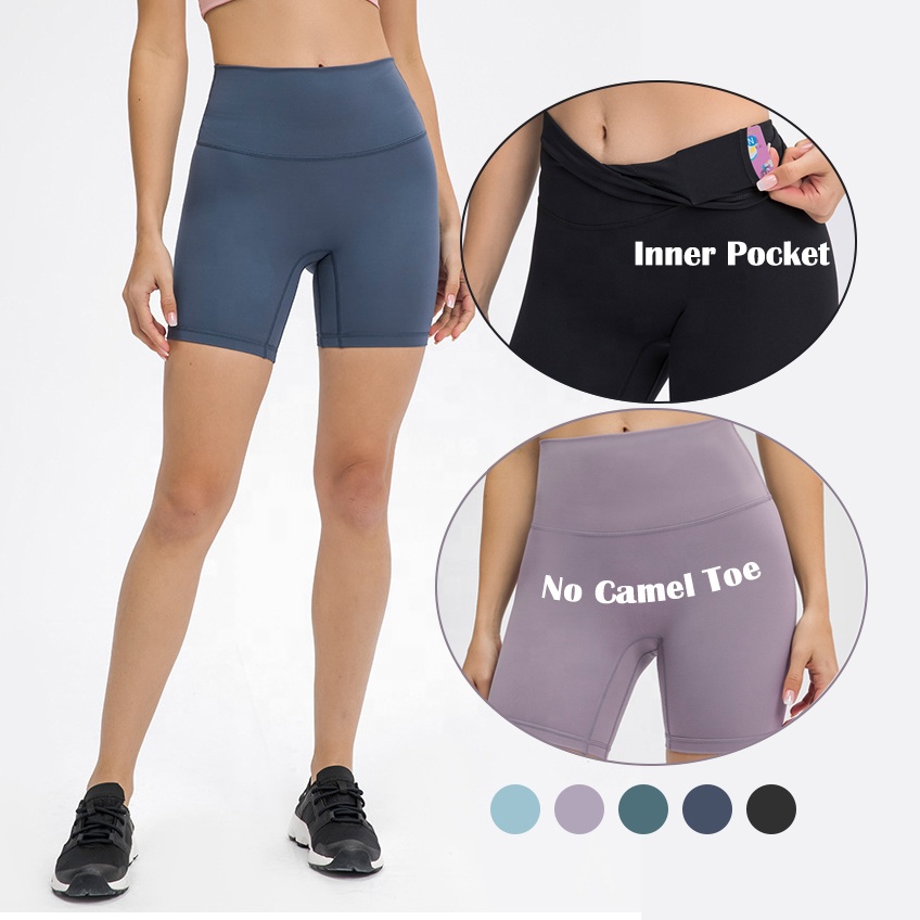 Custom Logo Yoga Shorts Inner Pocket Women's High Waist Out Pocket Yoga Shorts
