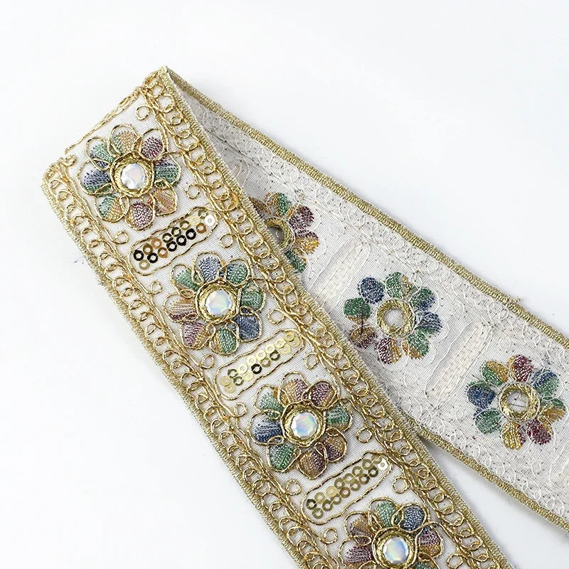DIY Sewing Accessories 45mm Retro Gold Line Embroidered Lace Trim Sequins Ribbon for Clothing Collar Decorative