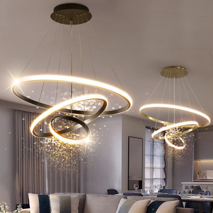Luxury Decorative Round Pendant Light Living Room 3 Circle Ring Acrylic Chandelier Black Gold Hanging Light