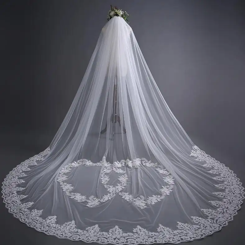 3 Meters Beige Tulle Lace Cathedral Wedding Veil Chapel With Comb