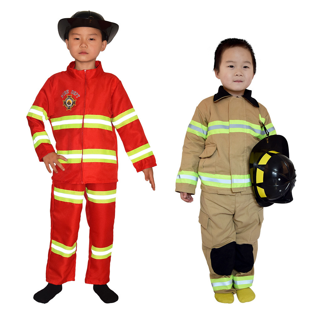 Halloween Cosplay Fireman Suits Career Day Kids Firefighter Costume Role Playing Fire Alarm Uniform Dressup for Kids Performance