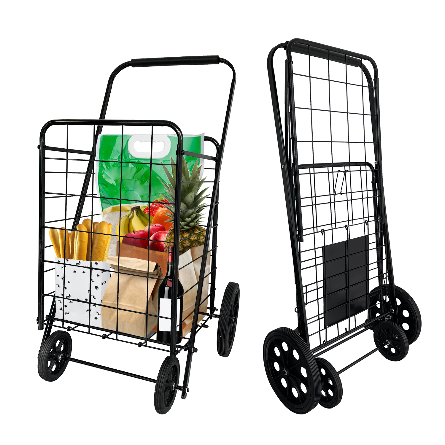 Готовая к отправке металлическая складная продуктовая тележка большие тележки для покупок модернизированная резиновая большая железная колесо устойчивая износостойкая