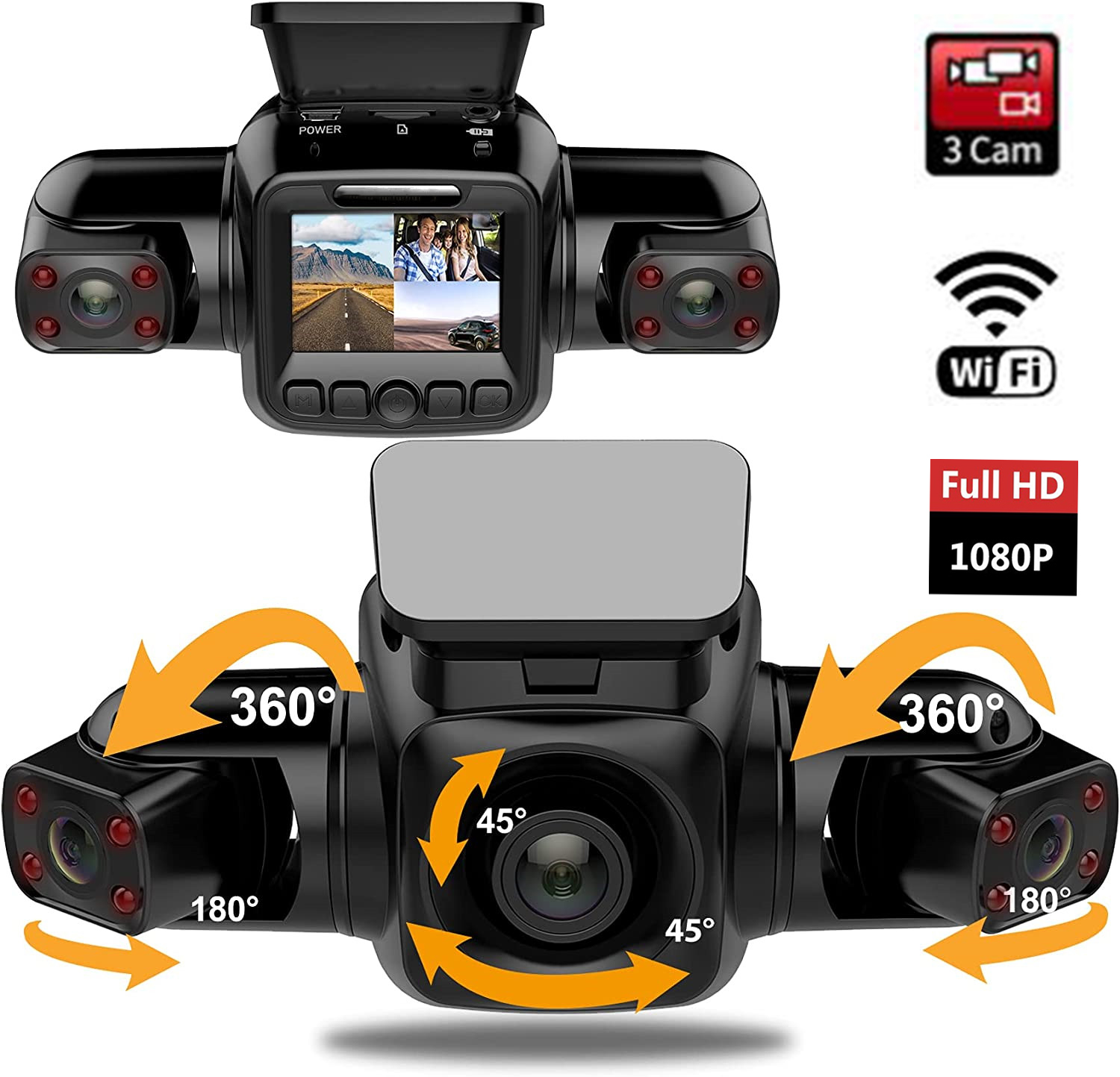 Автомобильный видеорегистратор с 3 камерами 1080P + 1080P + 1080P, Wi-Fi, GPS, видеорегистратор с двумя объективами ночного видения и объективом заднего вида, 3-канальная автомобильная видеокамера