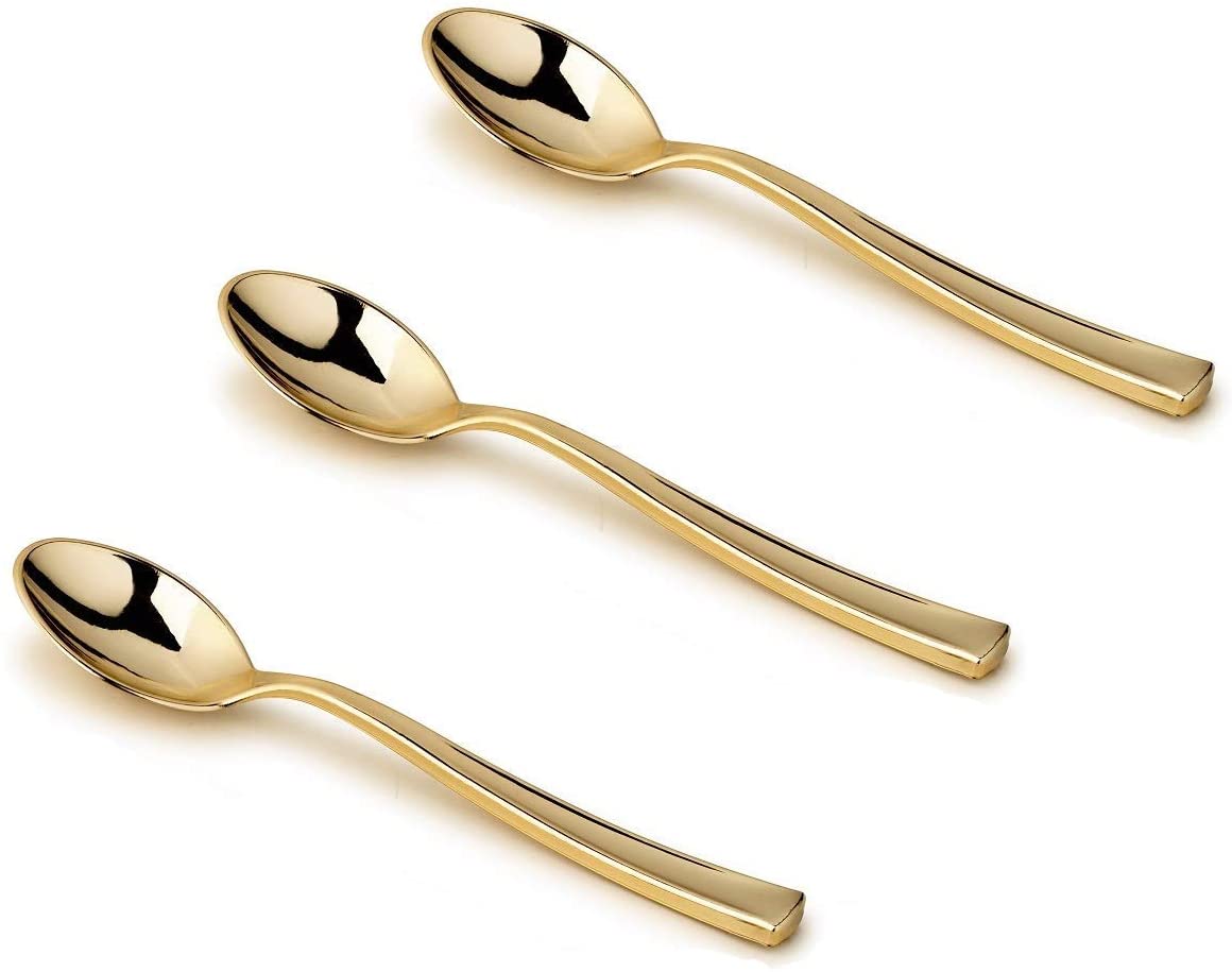 Disposable Plastic Gold Mini Testing Spoons, Great for Desserts, Ice Cream, Sampling, or Appetizers, Posh Setting