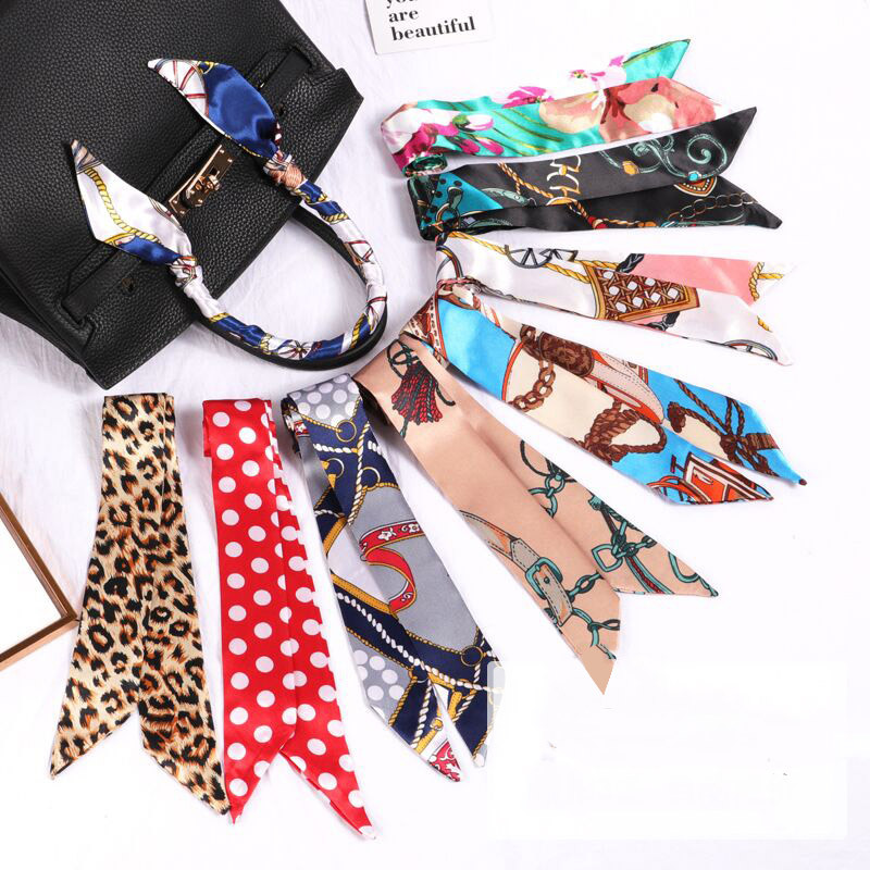 Elegant Women Satin Scarf Skinny Hair Tie Band Square Silk Scarf handle bag long hair tie headband ribbon decorative scarf