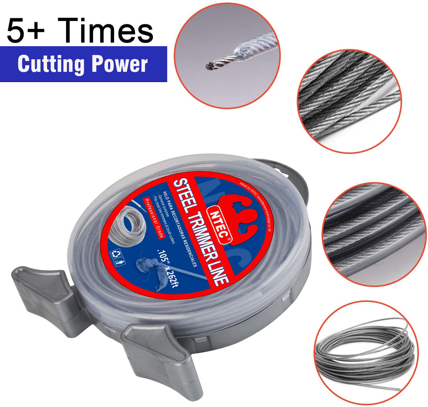 NTEC Round Heavy Duty .105'' Inch 262 ft Steel String Trimmer Line in Donut Thicker Weed Eater