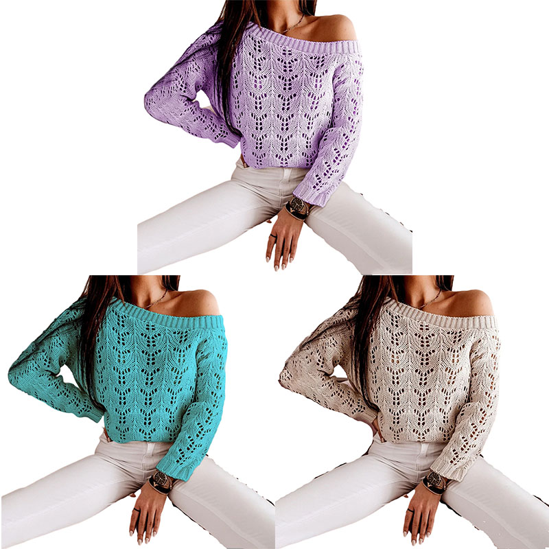 custom stylish style sweaters women tops batwing sleeve off-shoulder pullovers women sweaters 2021 hollow out knit sweaters