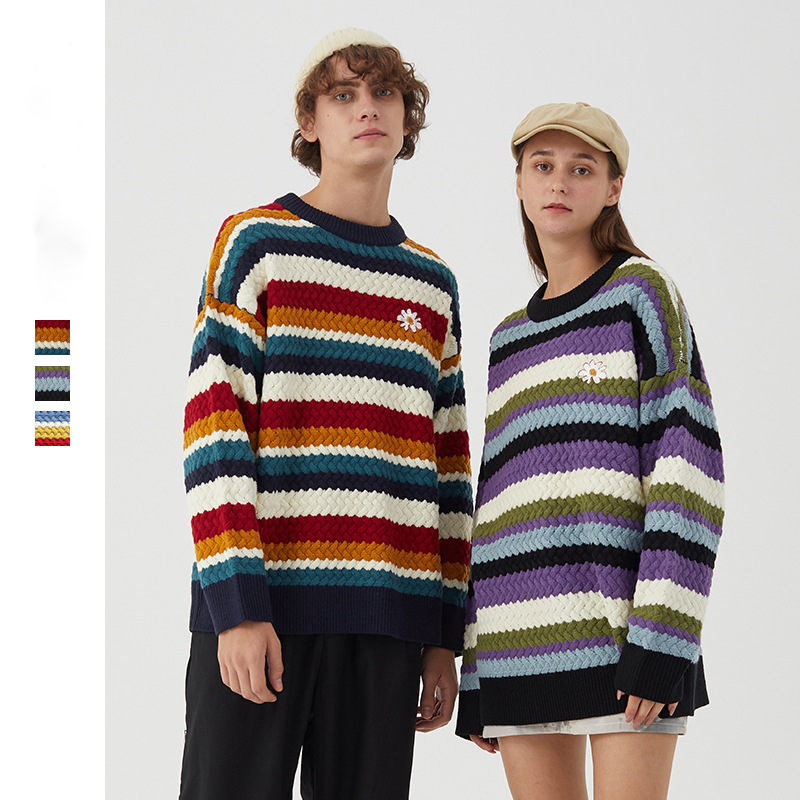Newest Colorful Stripe Splice Crew Neck Pullover Oversize Knitted Sweaters Men Heavyweight Knitted Sweaters Unisex