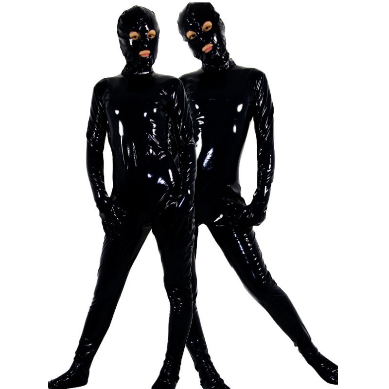 Black Full Body PVC Unisex Catsuit for Adult with Eyes and Mouth Opened Gimp Suit Costume