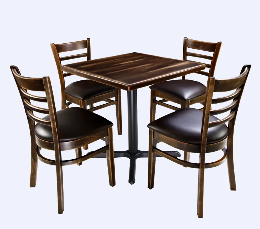 French Vintage industrial dining wooden restaurant chairs and tables sets for sale used