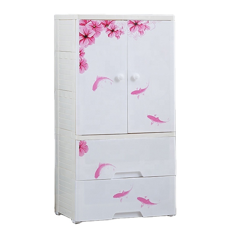 Durable Bedroom Furniture Two Door Open 3-tier Plastic Clothes Storage Drawer Baby Folding Cabinet with Wheels Toys Cupboard