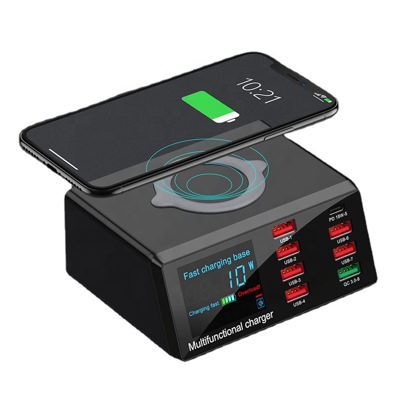 Настольная зарядная станция USB для нескольких устройств со светодиодным дисплеем, беспроводная зарядная станция Qi с поддержкой PD QC 3,0, быстрая зарядка