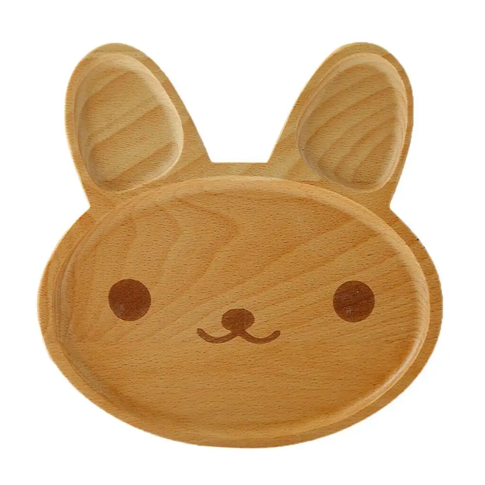 Natural Wooden Kids Plate Divided Dish Bowl Lovely Rabbit Food Serving Tray