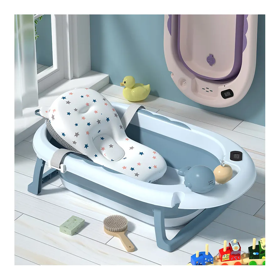 Plastic Foldable Infant Bathtub Baby Bath Tubs Set For Kids Children With Temperature Net Mat Cushion OEM Wholesale