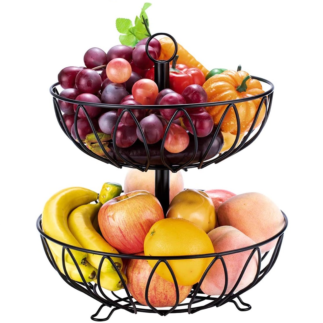 Fruit Stand Vegetables Basket Counter Top Fruit Basket Bowl Storage for Kitchen Home Metal Cast Iron (2 Tier-Black)