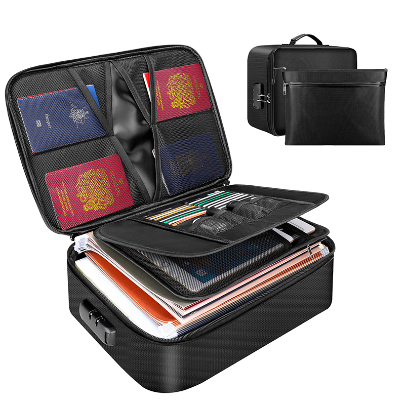 Document Safe Filing Organizer Pouch Fireproof Waterproof Document Storage Bag 3-Layer Large File Organizer Case With Lock
