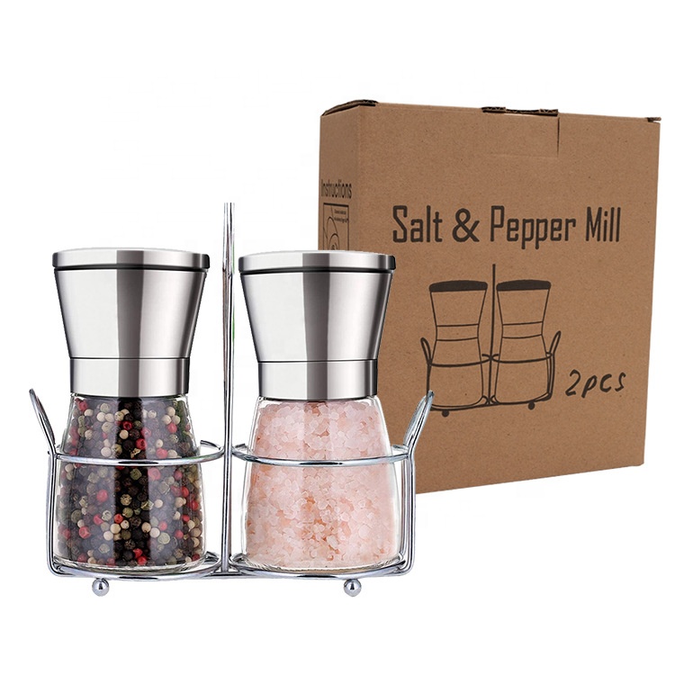 Adjustable Coarseness Stainless Steel Lid Glass Bottle Kitchen Cooking Seasoning Spices Sea Salt and Pepper Grinder Shaker Set