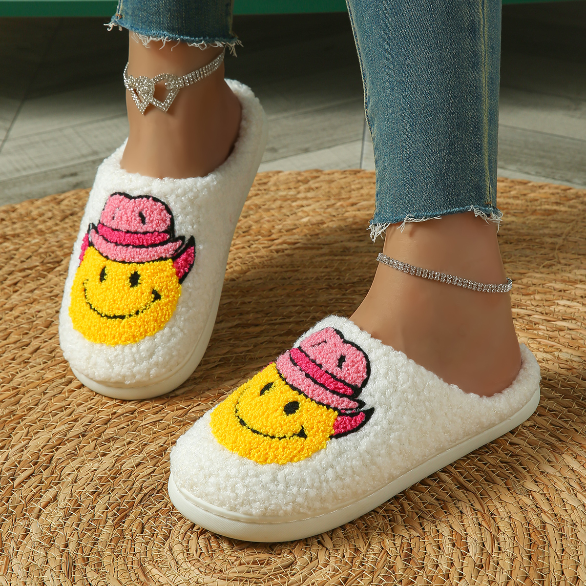 Fashion Style Smile Cowboy Winter Slippers for Kids Towel Embroidery Slip Resistance Custom Home Slippers
