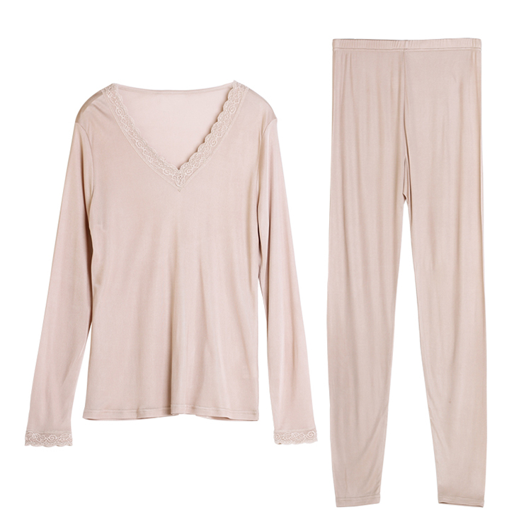 New sexy v-neck lace knitted silk thermal underwear set ladies' silk base solid colorlong sleeves long Johns set