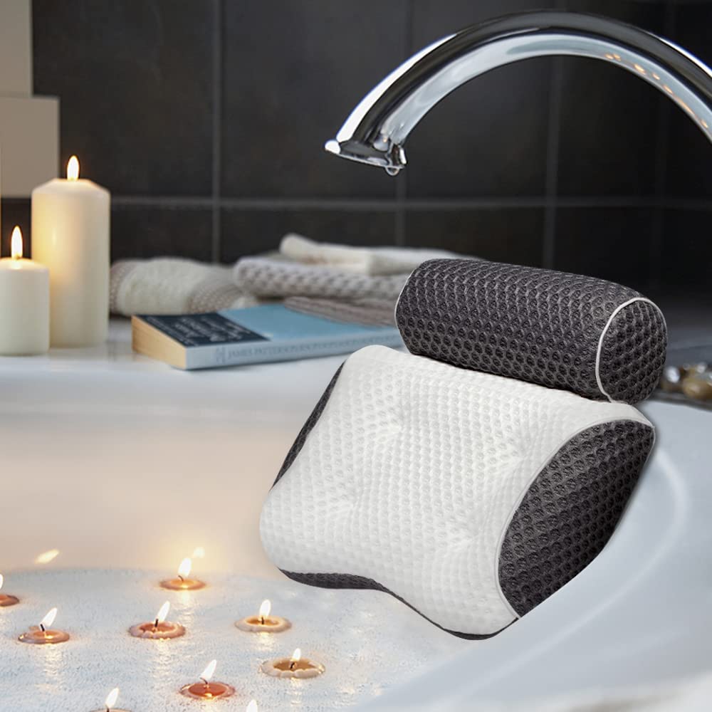 Bathroom Luxury Bath Pillow, Ergonomic Bathtub Spa Pillow with 5D Air Mesh Technology and 4 Suction Cups