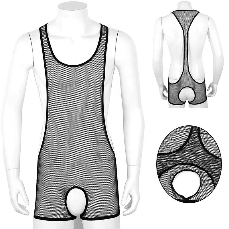 Mens One-Piece See Through Sheer Fishnet Crotchless Jumpsuit Bodysuit Lingerie Nightwear
