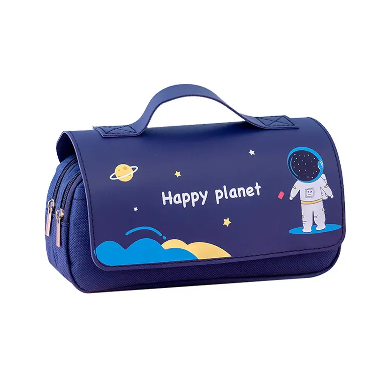 Large Big Portable Handle Cartoon Planet Canvas PU Leather Pencil Bag Case with Multi-pockets For Students
